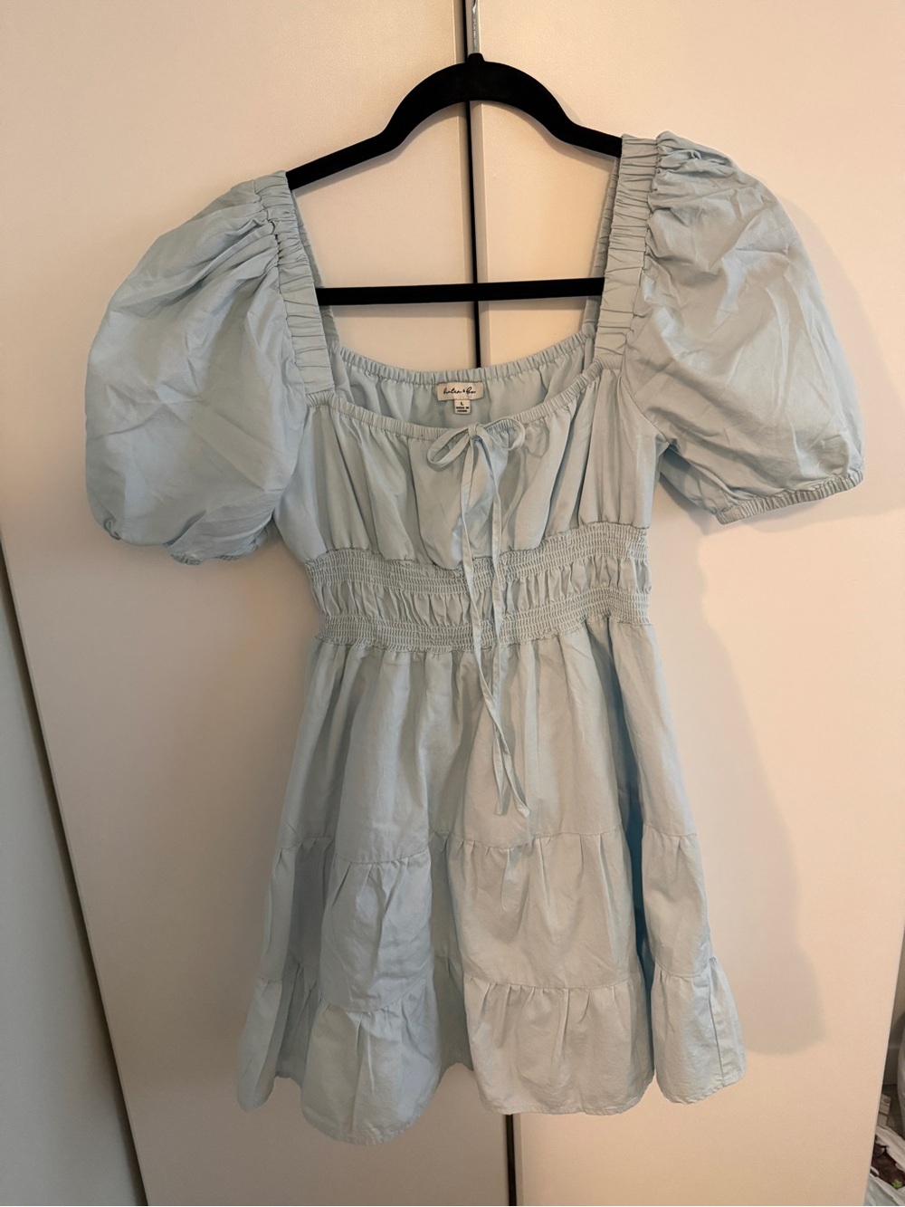 Hunter and Brown Light Blue Puff-Sleeve Smocked Waist Dress
